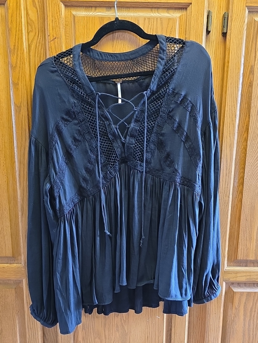 Free People 'Don't Let Go' Peasant Top, black Goth fishnet vampire corset size L